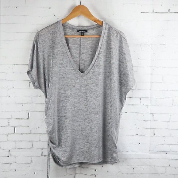 EXPRESS SILVER CAP SLEEVE V NECK RUCHED SIDE OVERSIZED TUNIC TOP SIZE SP - Picture 1 of 10